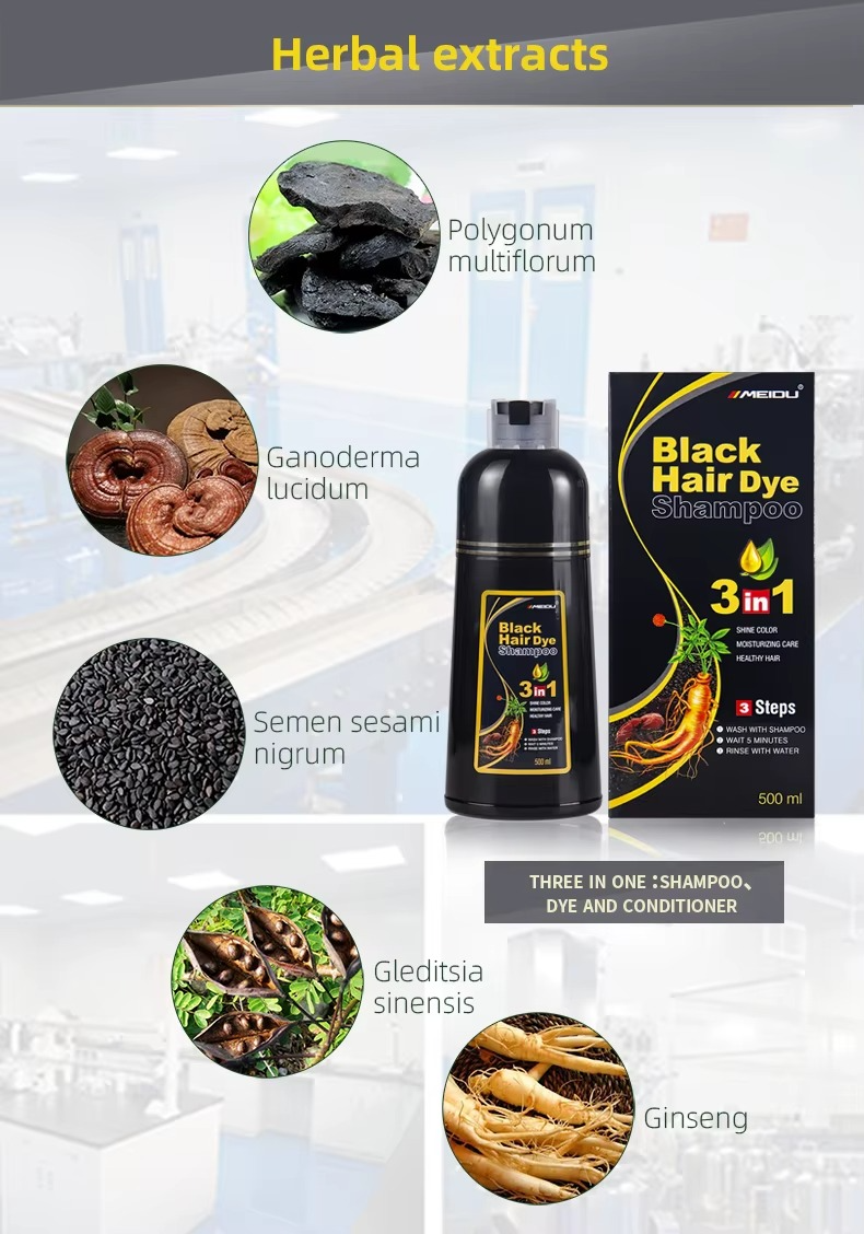 500ml 3 in 1 MEIDU Ginger Black Hair Dye Shampoo, Cleanse, Treat and Color