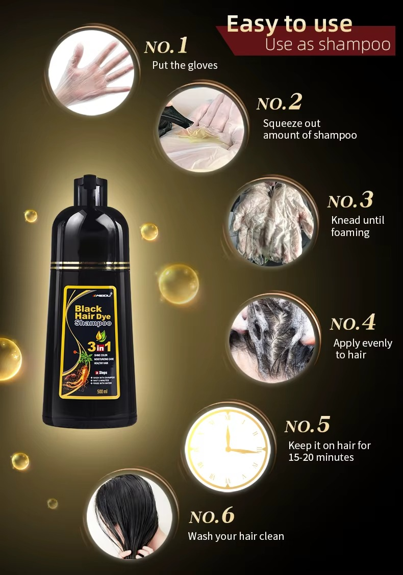 500ml 3 in 1 MEIDU Ginger Black Hair Dye Shampoo, Cleanse, Treat and Color