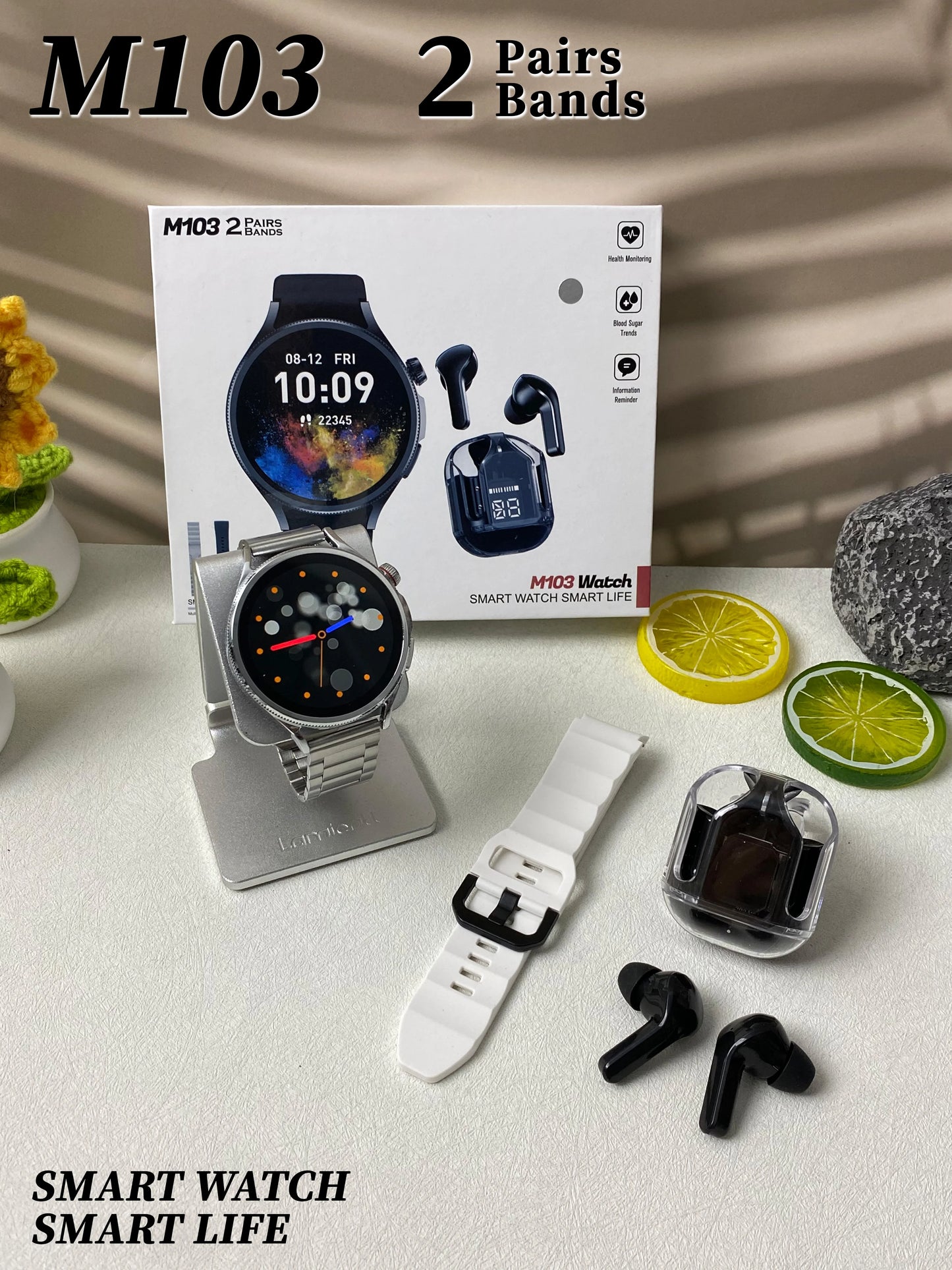 High Quality M103 Smart watch with 2 pairs of Straps and Free Earbuds