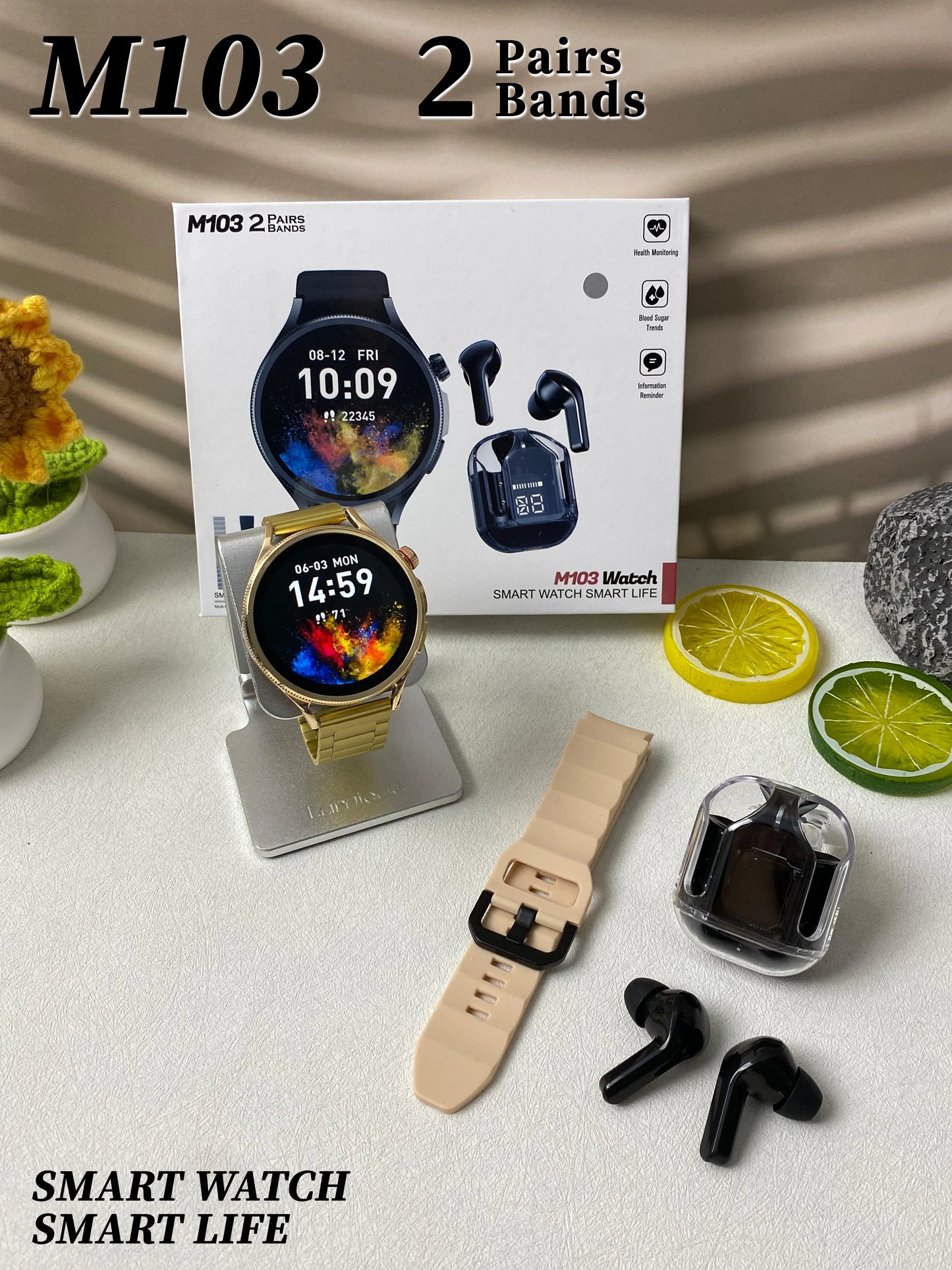 High Quality M103 Smart watch with 2 pairs of Straps and Free Earbuds