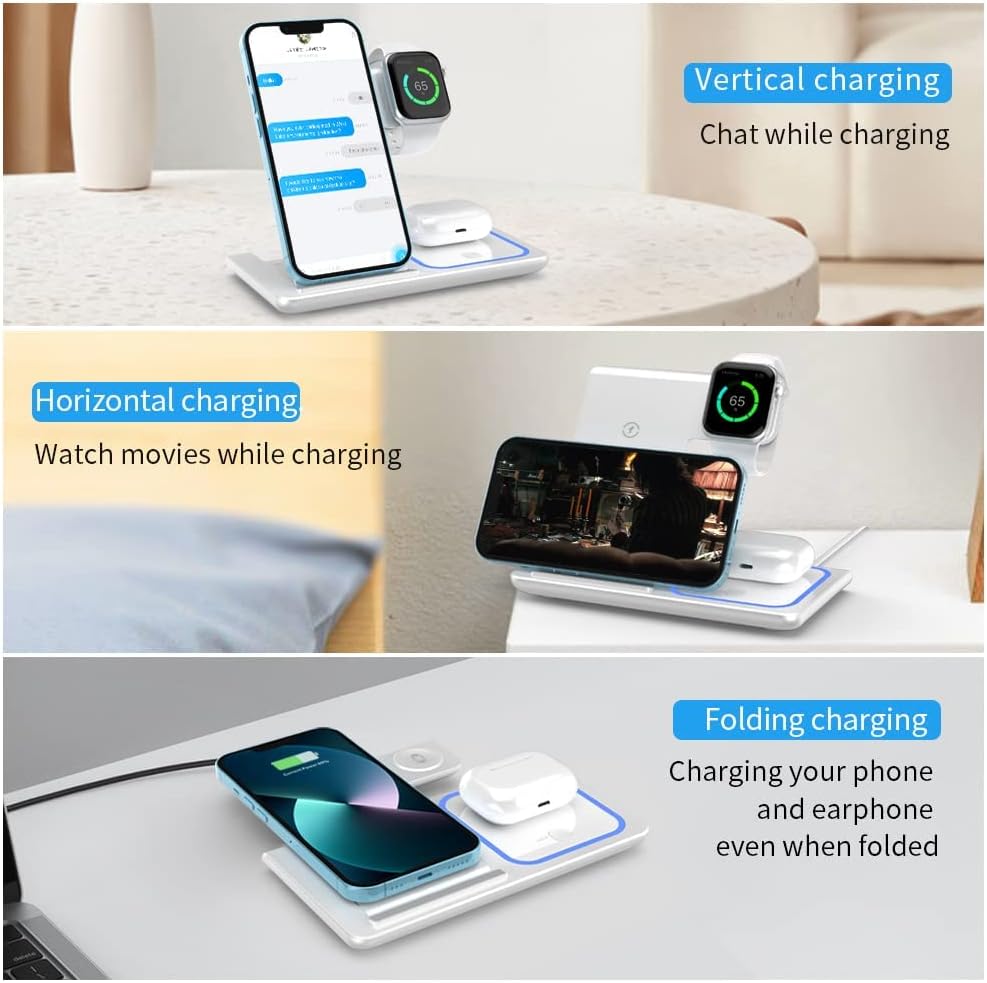 3 in 1 Wireless Charger for compatible Phones, Earbuds and Smart Watches