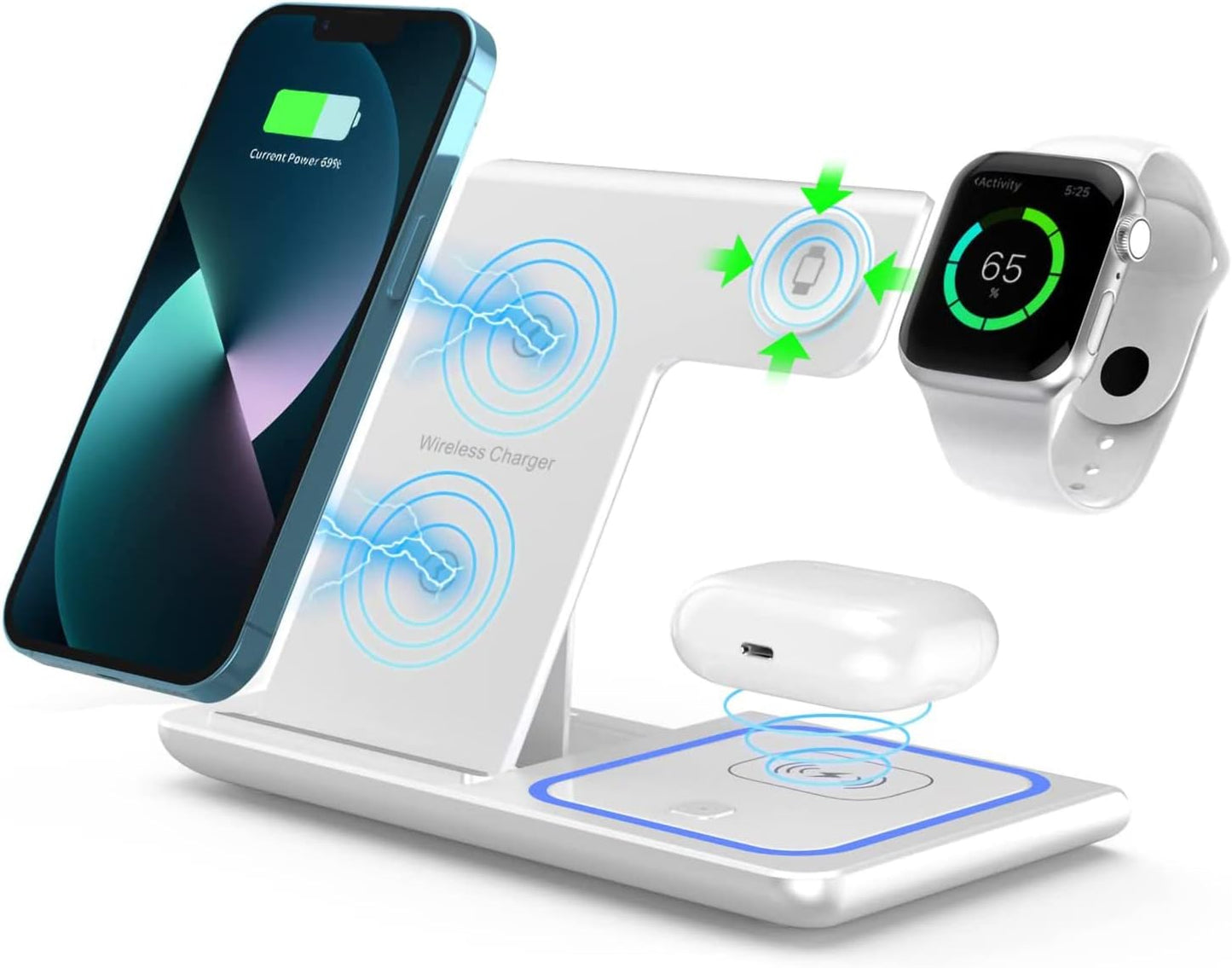 3 in 1 Wireless Charger for compatible Phones, Earbuds and Smart Watches