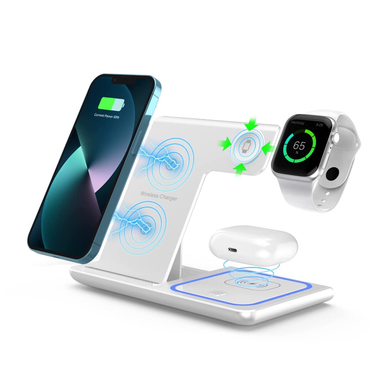 3 in 1 Wireless Charger for compatible Phones, Earbuds and Smart Watches