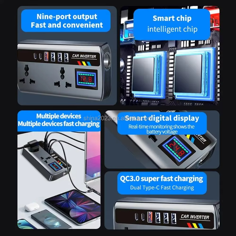 Portable Automotive Car Inverter from 12V/24V DC Power to 220V Fast Charging AC Power