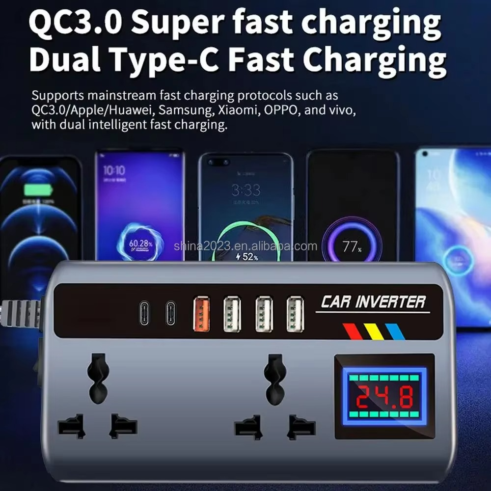 Portable Automotive Car Inverter from 12V/24V DC Power to 220V Fast Charging AC Power