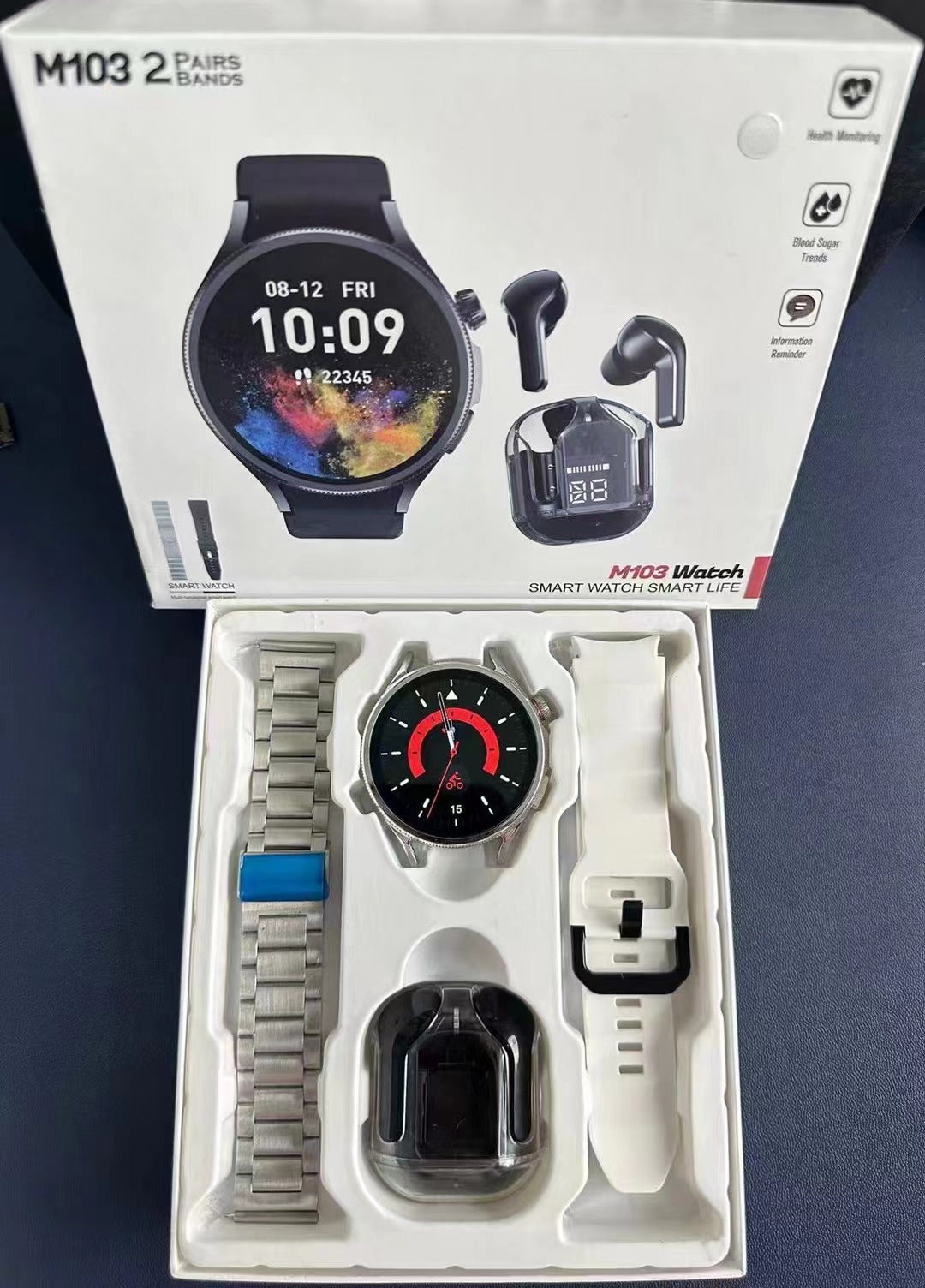 High Quality M103 Smart watch with 2 pairs of Straps and Free Earbuds