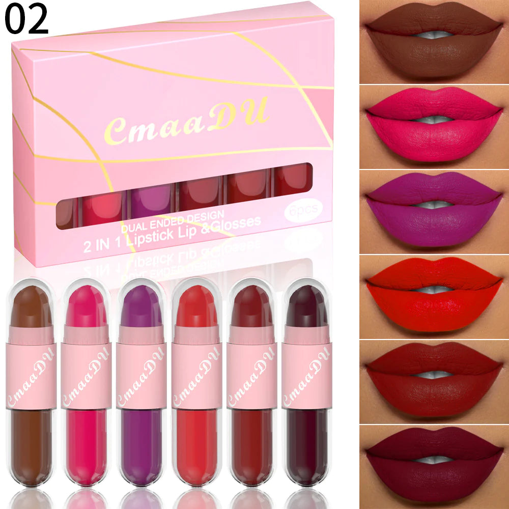 6pc/Box 2 in 1 Longlasting, non stick cup, velvet smooth matte lipstick set