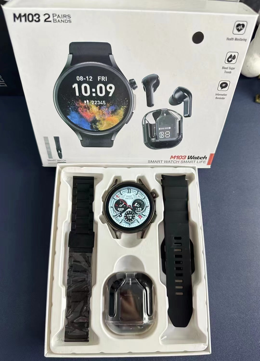 High Quality M103 Smart watch with 2 pairs of Straps and Free Earbuds