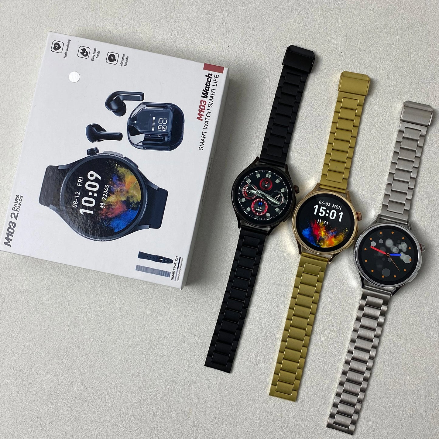 High Quality M103 Smart watch with 2 pairs of Straps and Free Earbuds