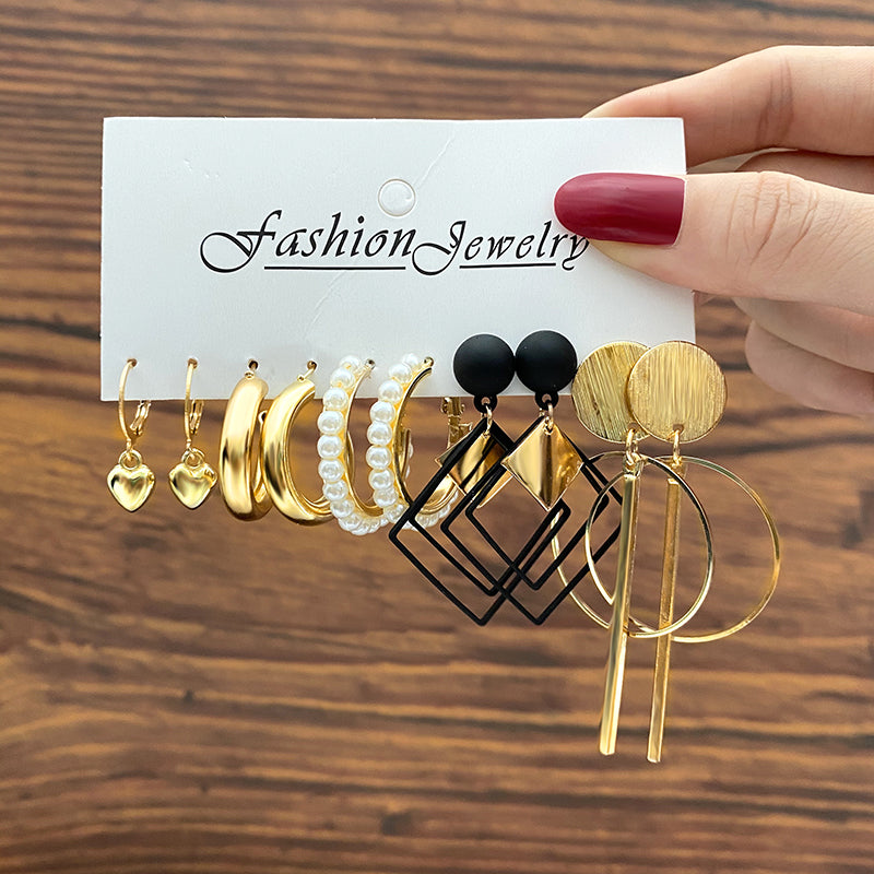 Trendy Gold Metal Earrings Set For Women Fashion Geometric Pearl Circle Drop Earrings