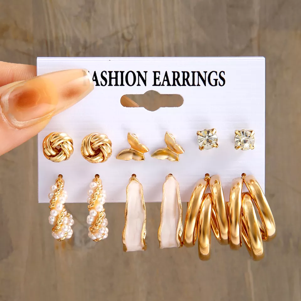 Trendy Gold Metal Earrings Set For Women Fashion Geometric Pearl Circle Drop Earrings