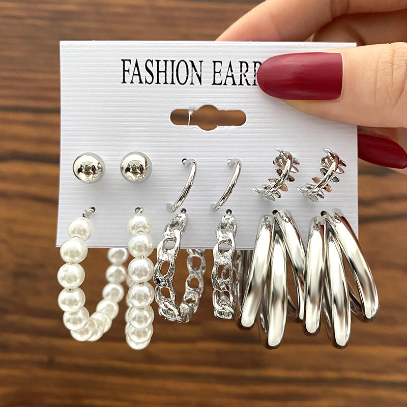 Trendy Gold Metal Earrings Set For Women Fashion Geometric Pearl Circle Drop Earrings