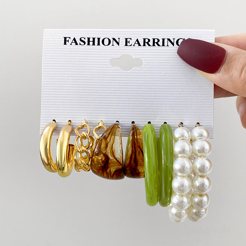 Trendy Gold Metal Earrings Set For Women Fashion Geometric Pearl Circle Drop Earrings