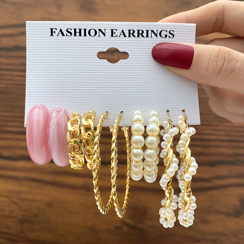 Trendy Gold Metal Earrings Set For Women Fashion Geometric Pearl Circle Drop Earrings