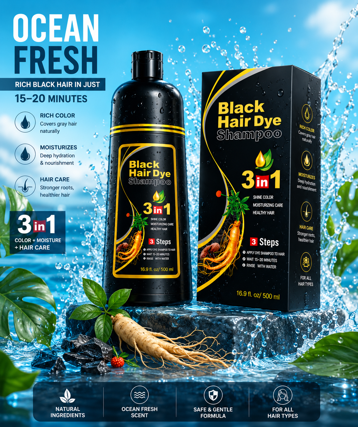 500ml  3 in 1 MEIDU Ginger Black Hair Dye Shampoo, Cleanse, Treat and Color