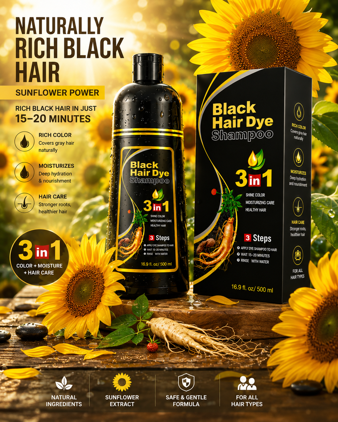 500ml  3 in 1 MEIDU Ginger Black Hair Dye Shampoo, Cleanse, Treat and Color