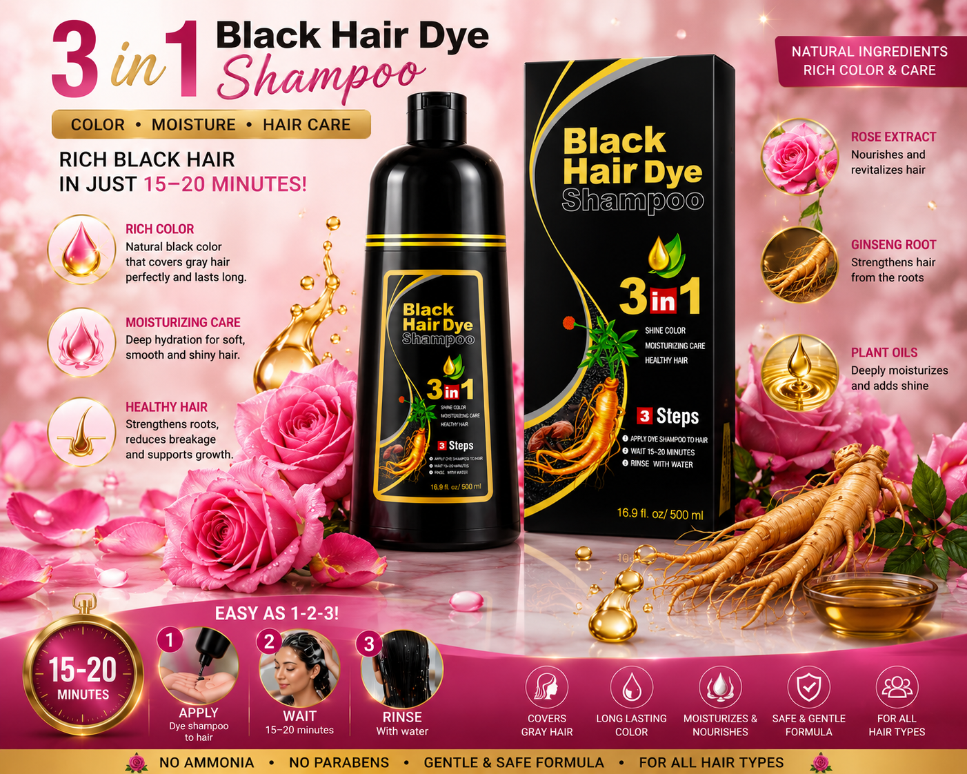 500ml  3 in 1 MEIDU Ginger Black Hair Dye Shampoo, Cleanse, Treat and Color