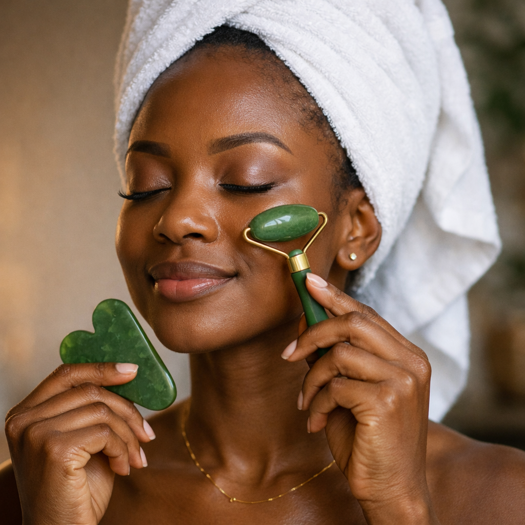 Jade Roller & Gua Sha Set Facial Beauty Tools, Face Roller Skin Massager for Face, Neck and Eye