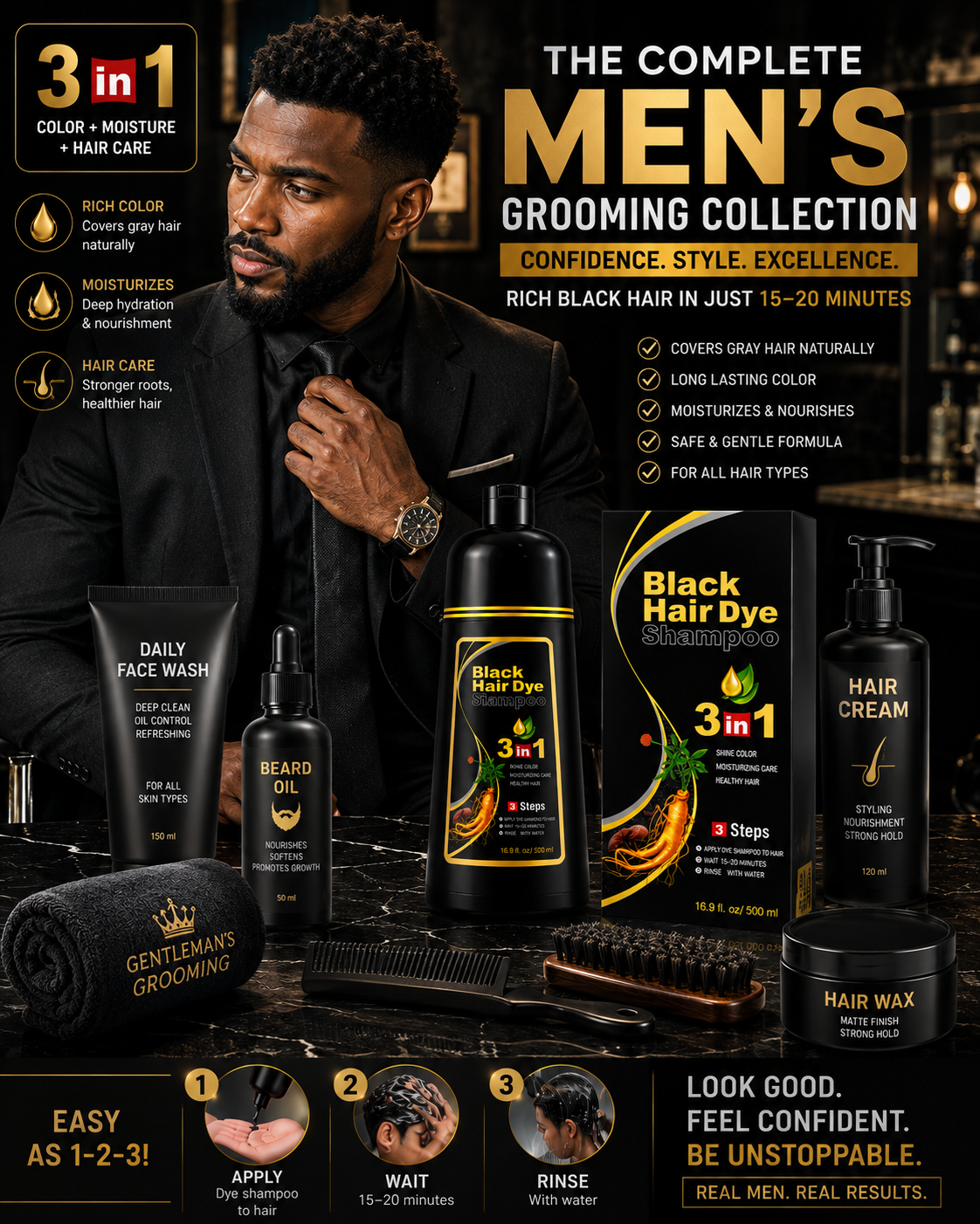 500ml  3 in 1 MEIDU Ginger Black Hair Dye Shampoo, Cleanse, Treat and Color