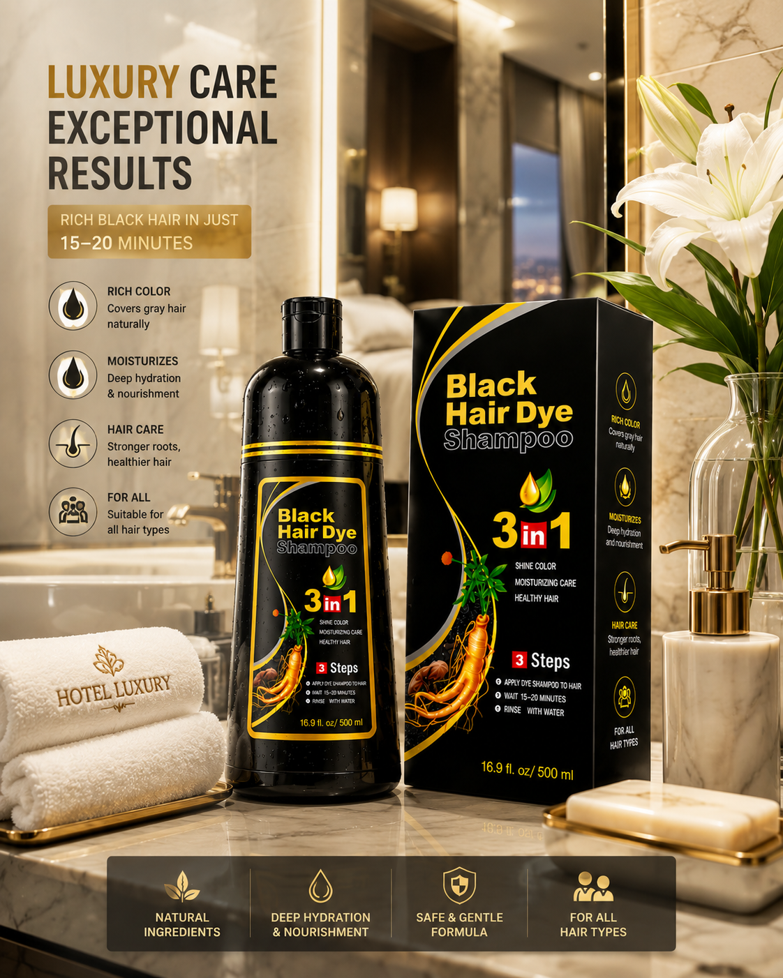 500ml  3 in 1 MEIDU Ginger Black Hair Dye Shampoo, Cleanse, Treat and Color