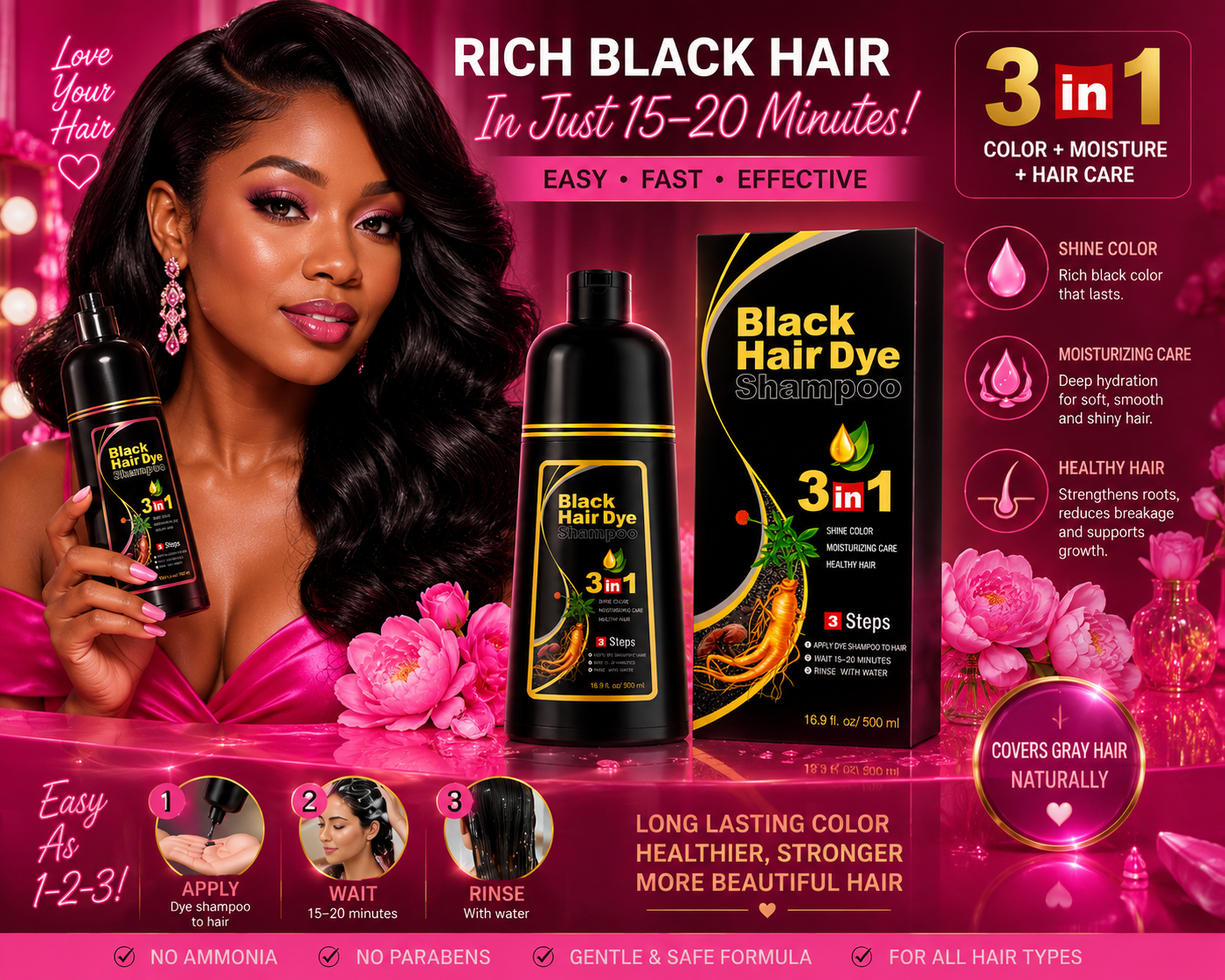 500ml  3 in 1 MEIDU Ginger Black Hair Dye Shampoo, Cleanse, Treat and Color