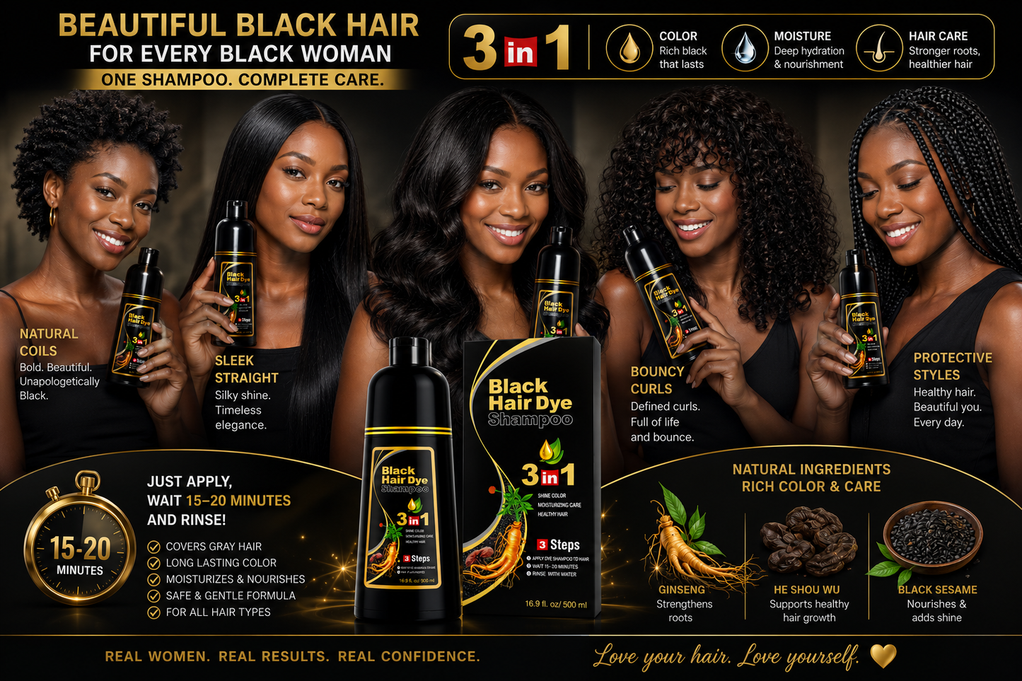 500ml  3 in 1 MEIDU Ginger Black Hair Dye Shampoo, Cleanse, Treat and Color
