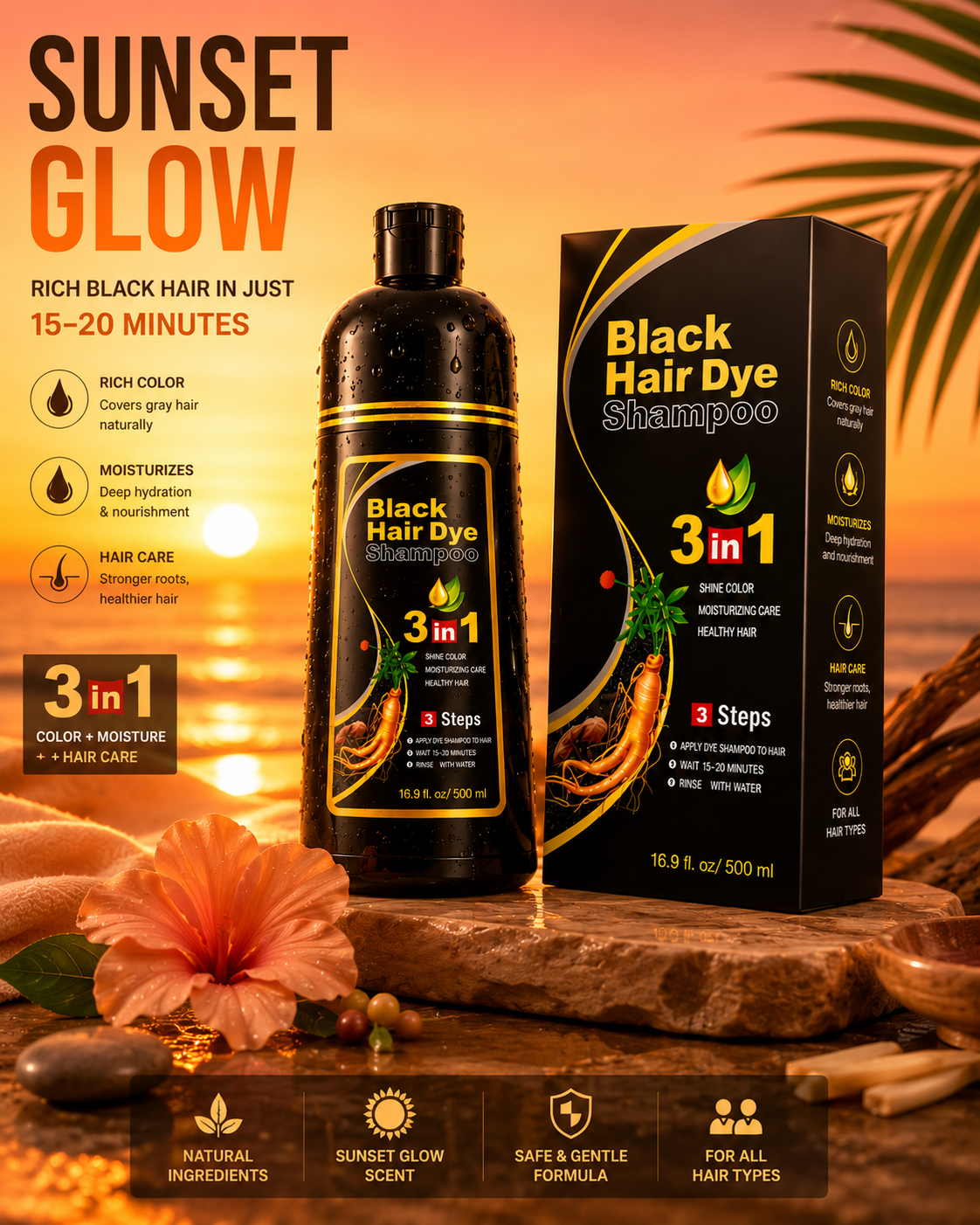 500ml  3 in 1 MEIDU Ginger Black Hair Dye Shampoo, Cleanse, Treat and Color