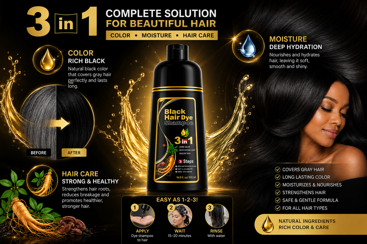 500ml  3 in 1 MEIDU Ginger Black Hair Dye Shampoo, Cleanse, Treat and Color