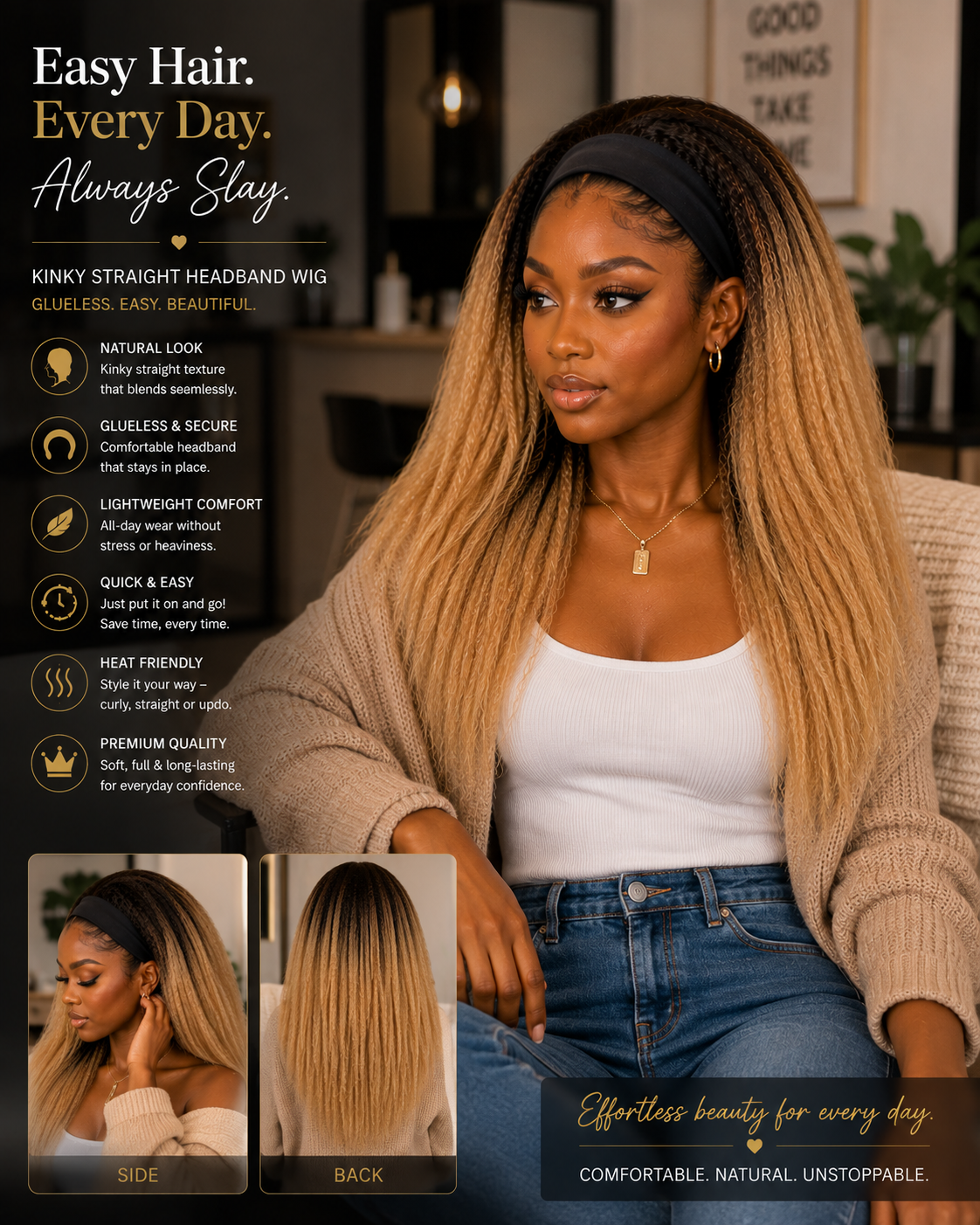 High Quality Kinky Straight Headband Wig