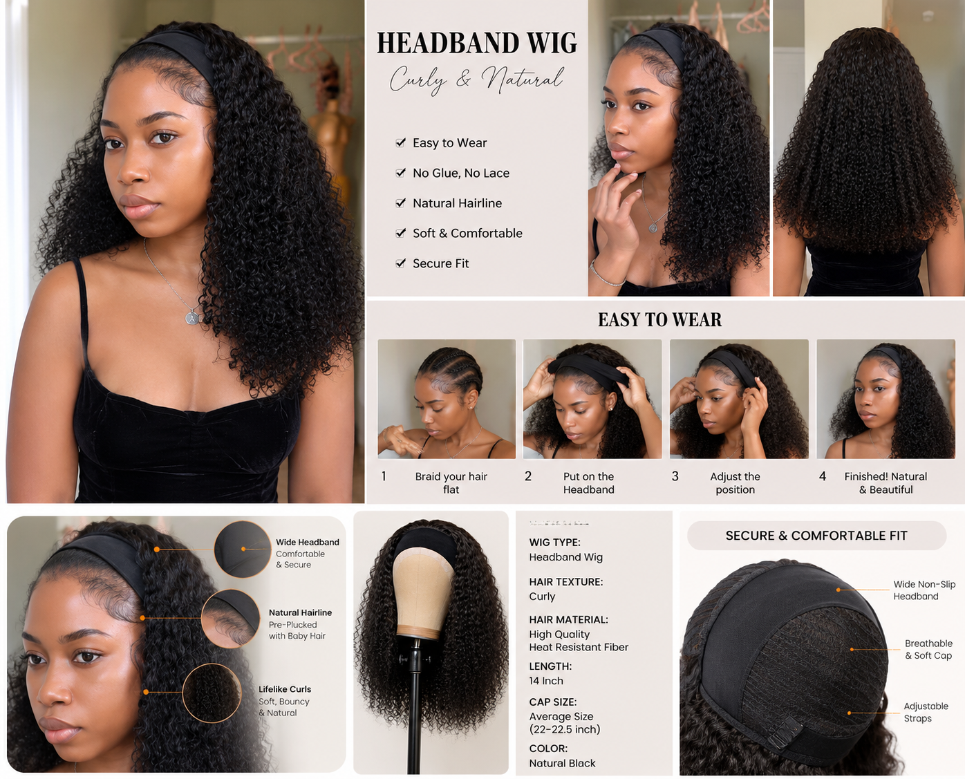 20 inch Human Hair Blend Headband Wig – Wavy Yaki & Kinky Styles