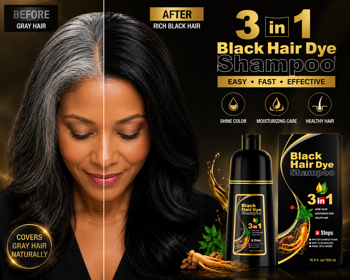500ml  3 in 1 MEIDU Ginger Black Hair Dye Shampoo, Cleanse, Treat and Color