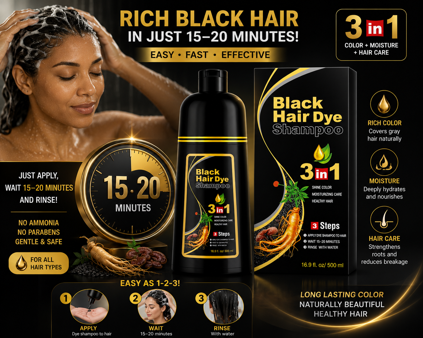 500ml  3 in 1 MEIDU Ginger Black Hair Dye Shampoo, Cleanse, Treat and Color