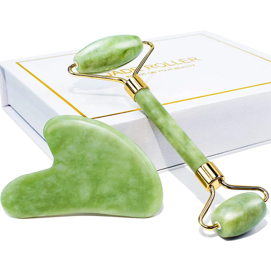 Jade Roller & Gua Sha Set Facial Beauty Tools, Face Roller Skin Massager for Face, Neck and Eye