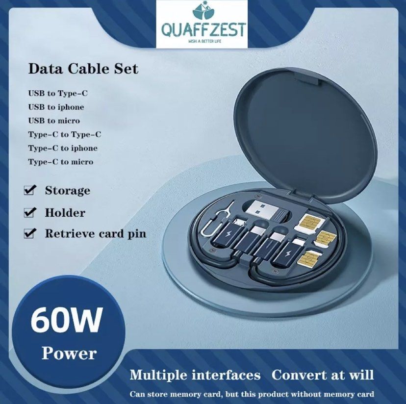 6 In 1 60W fast charging Data cable set Phone Holder with  Pin Eject, for type C, Iphone and Micro USB