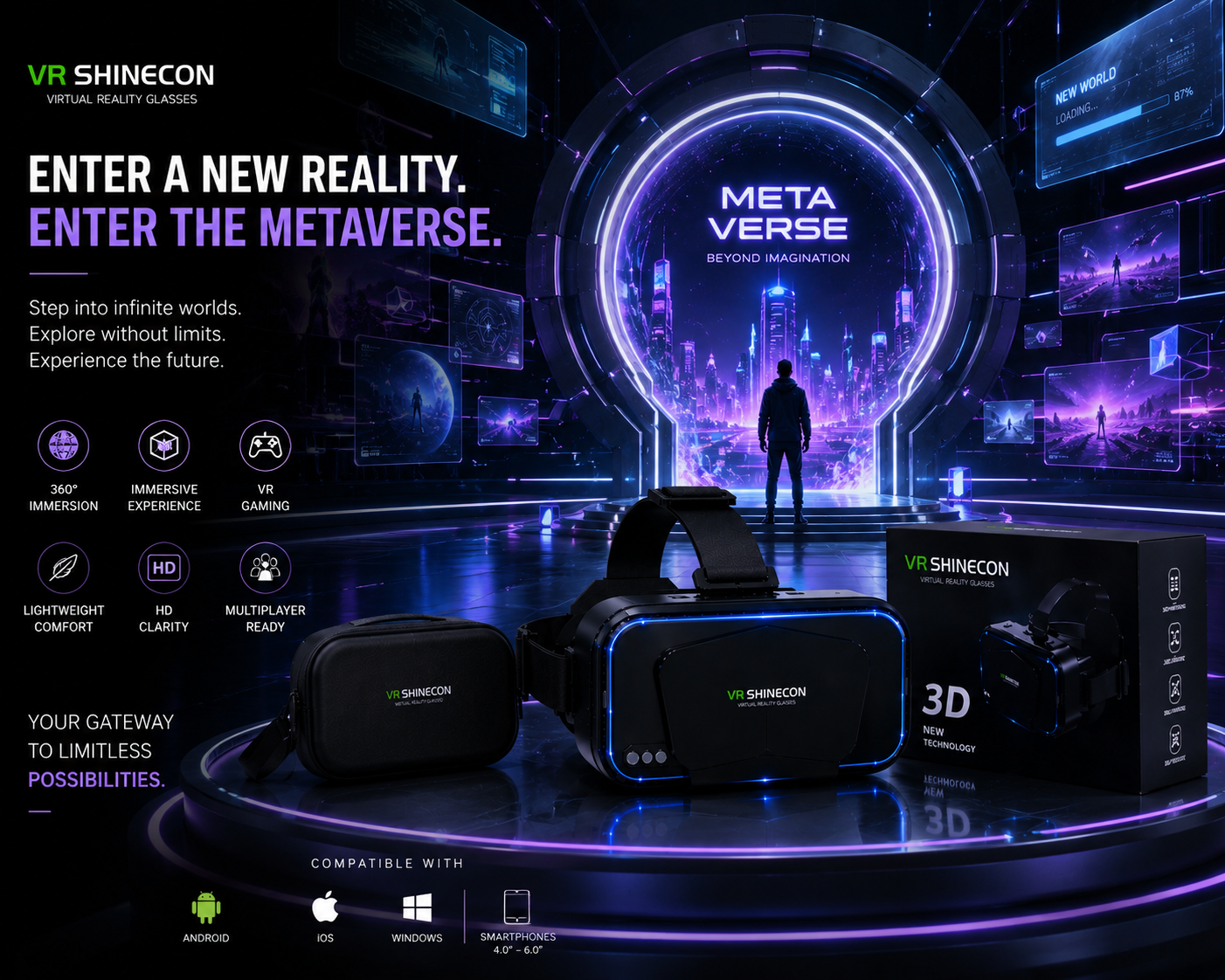 VR Shinecon 3D VR Headset – Immersive Virtual Reality Glasses for Smartphones