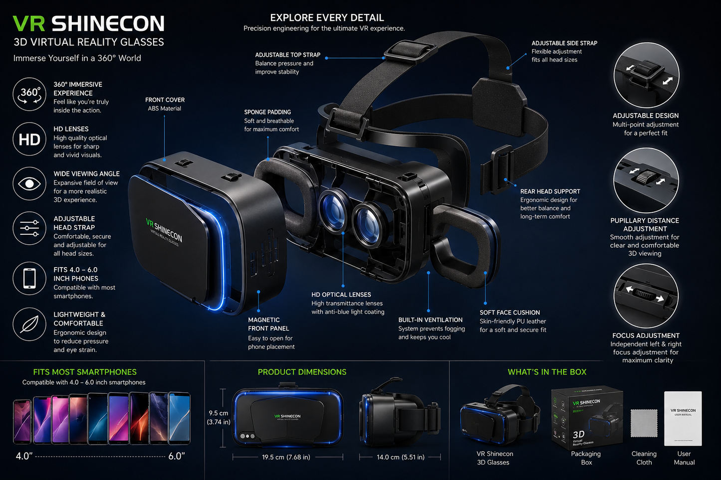 VR Shinecon 3D VR Headset – Immersive Virtual Reality Glasses for Smartphones