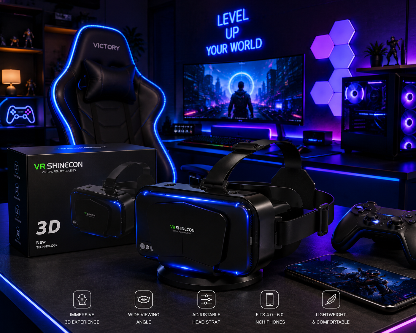 VR Shinecon 3D VR Headset – Immersive Virtual Reality Glasses for Smartphones
