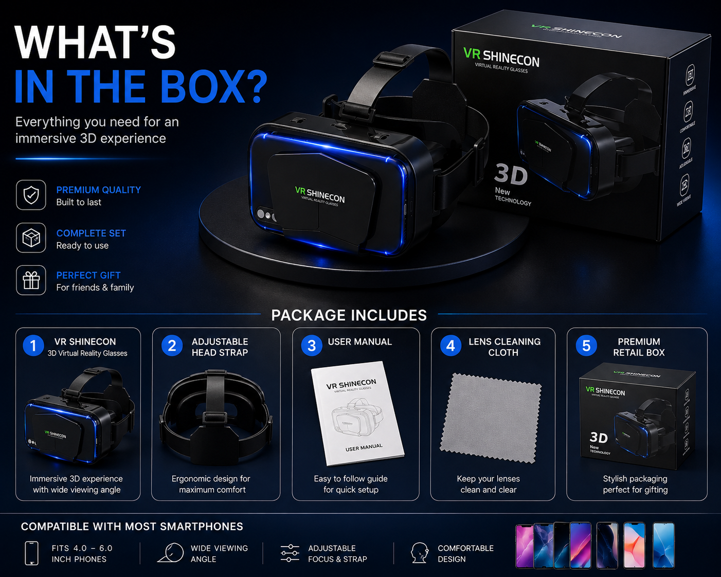 VR Shinecon 3D VR Headset – Immersive Virtual Reality Glasses for Smartphones