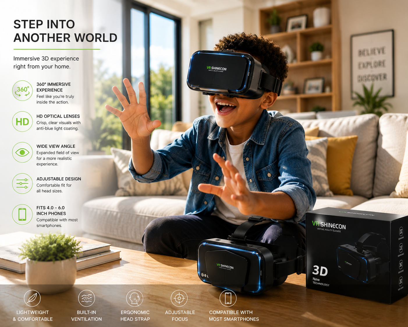 VR Shinecon 3D VR Headset – Immersive Virtual Reality Glasses for Smartphones