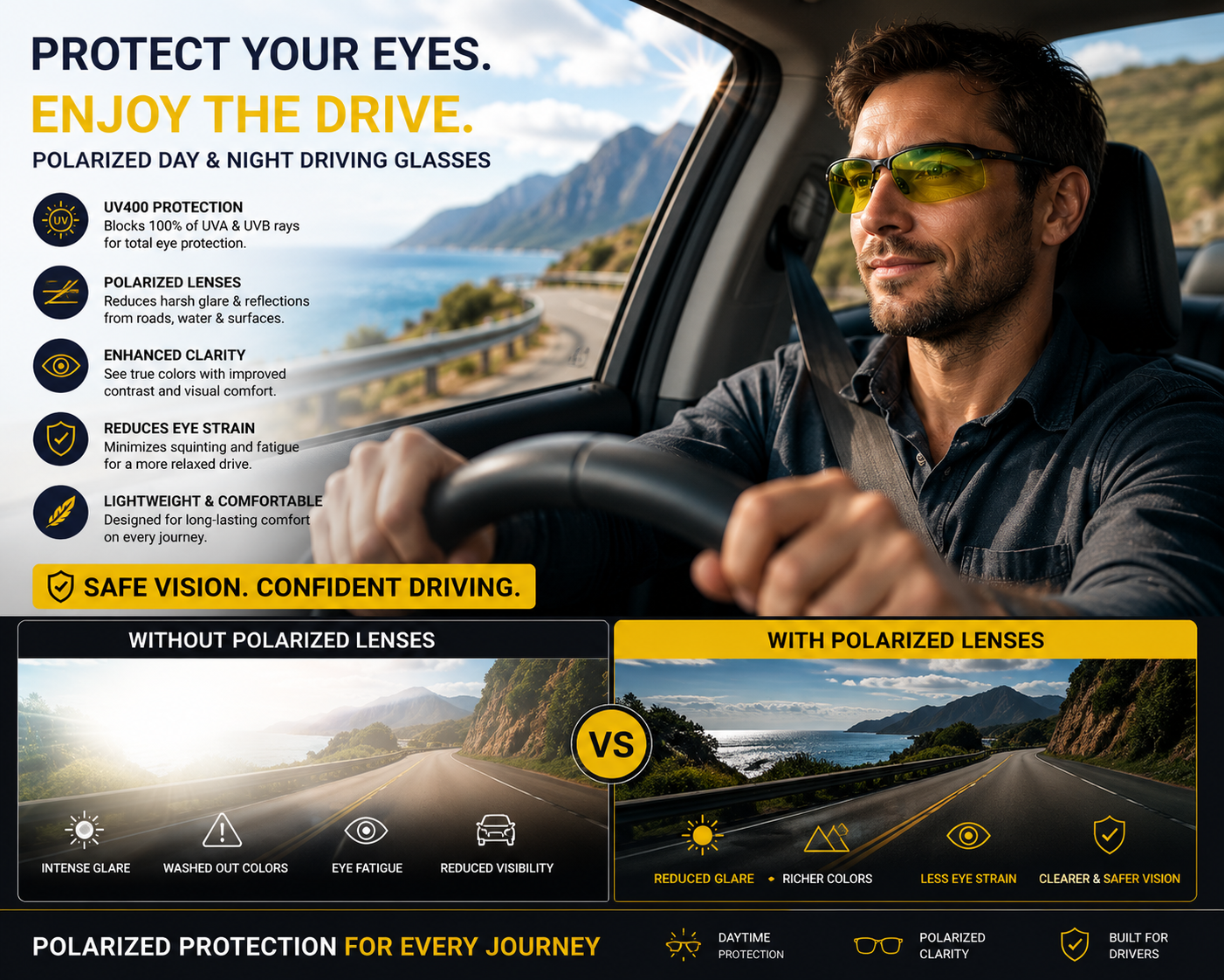 Polarized Night Vision Driving Sun Glasses,  Day and Night Vision Driver's Eyewear Photochromic Sun glasses