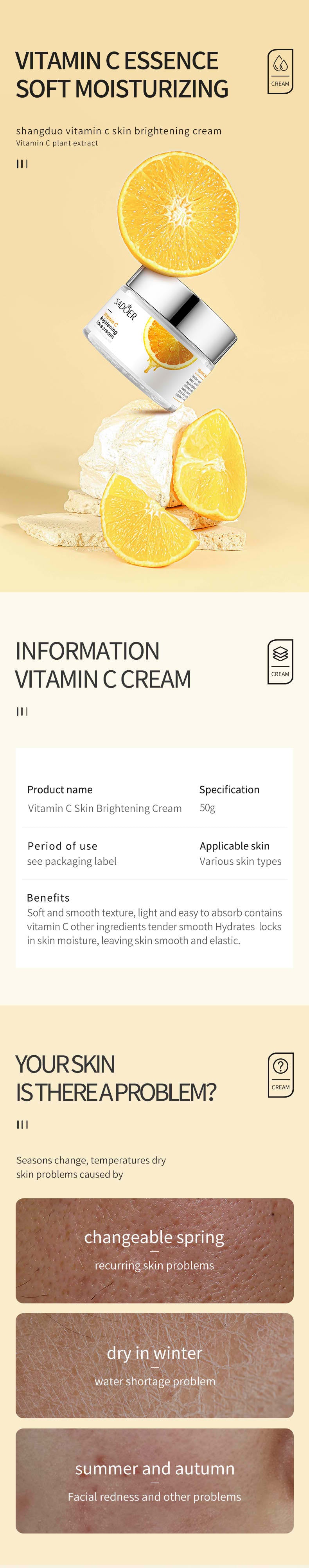 Sadoer Vitamin C Brightening Face Cream Moisturizing Anti-Aging Firming Skin Care Cream